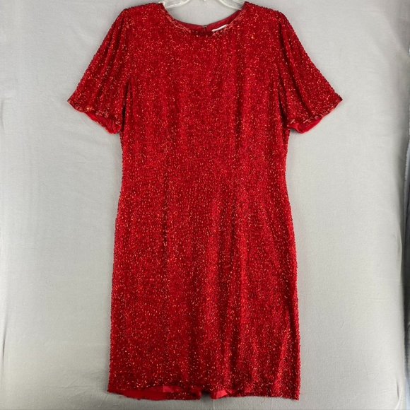 Oleg Cassini Dresses & Skirts - 12 OLEG CASSINI BLACK LABEL RED SILK BEADED DRESS GOWN FORMAL BLACK TIE LADIES